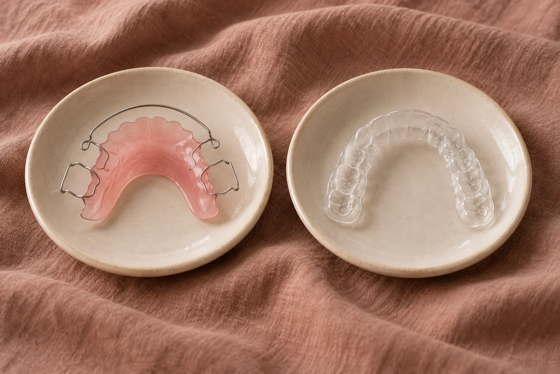 A Hawley retainer and a clear removable retainer on separate ceramic dishes.