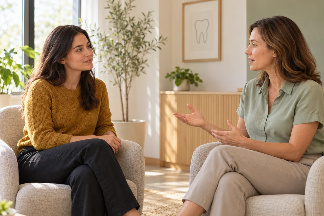 Two adults talking in a quiet dental consultation space.