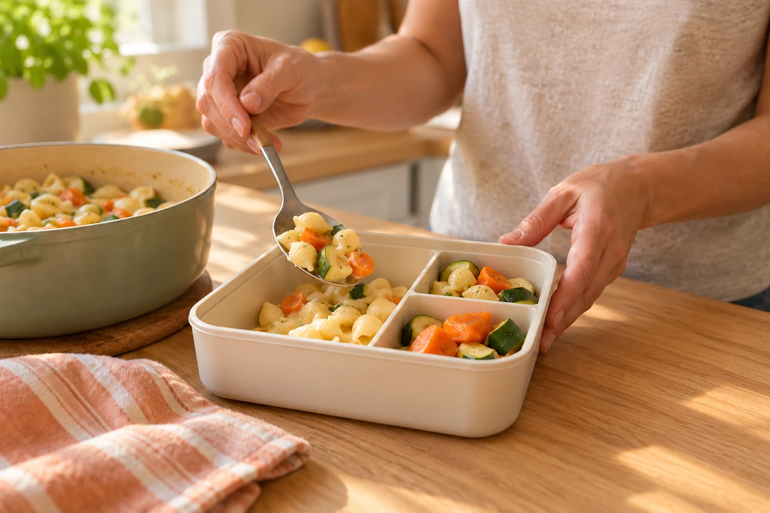Hands serving pasta and cooked vegetables into a divided lunch container.