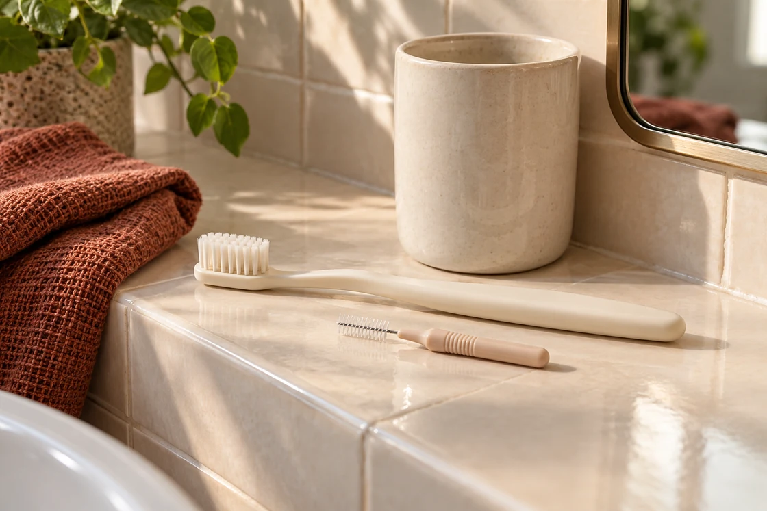 A toothbrush and interdental brush beside a ceramic tumbler on a bathroom ledge.
