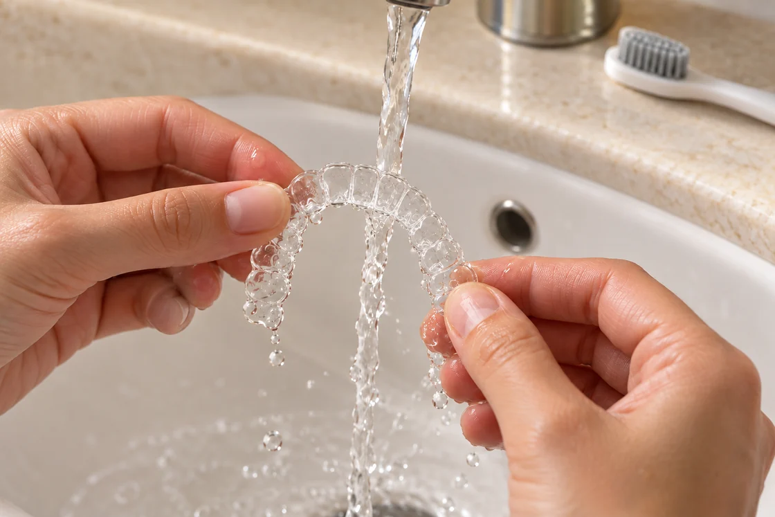 Hands rinsing a clear dental aligner over a bathroom sink.
