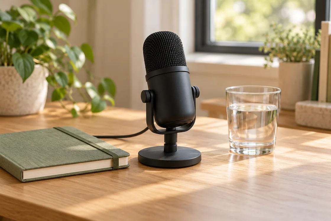 A desktop microphone beside a closed sage-green notebook and a glass of water.