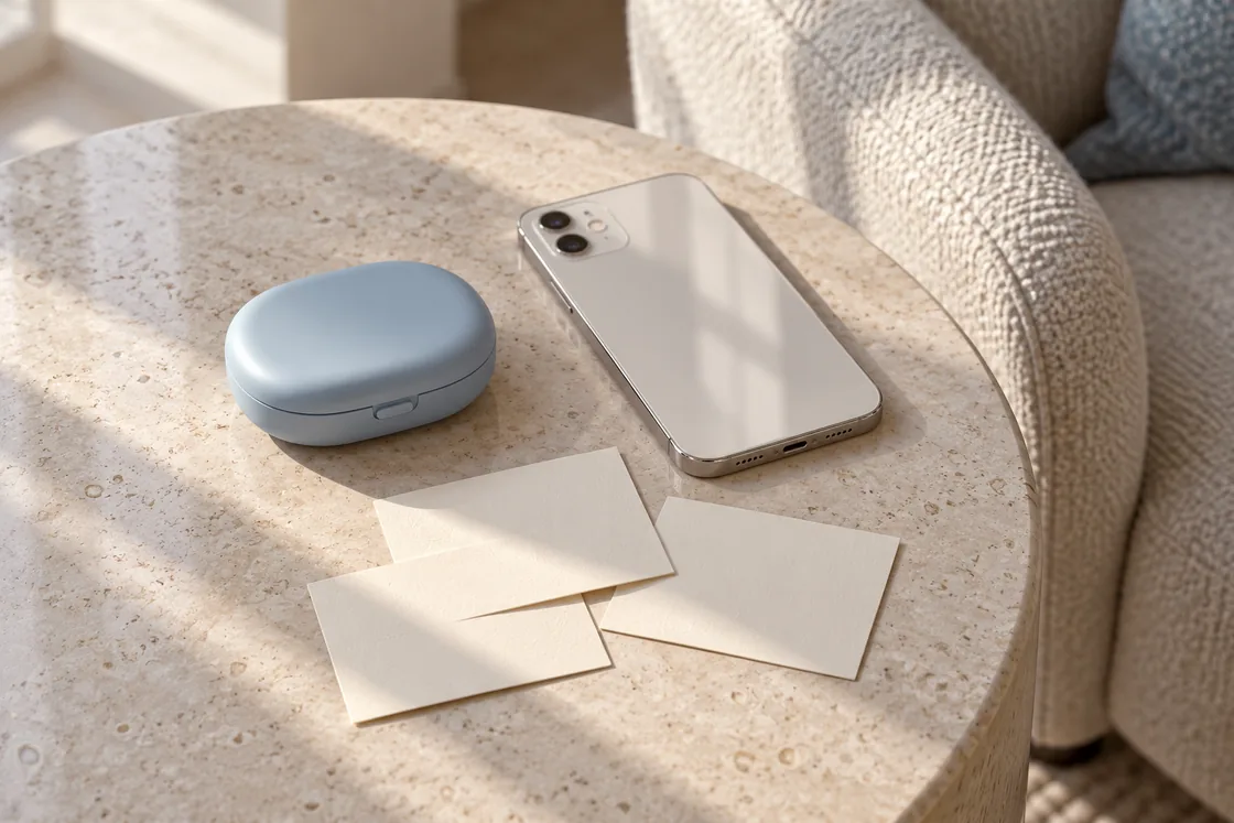 A closed pale-blue case beside a phone and three blank cards on a stone side table.