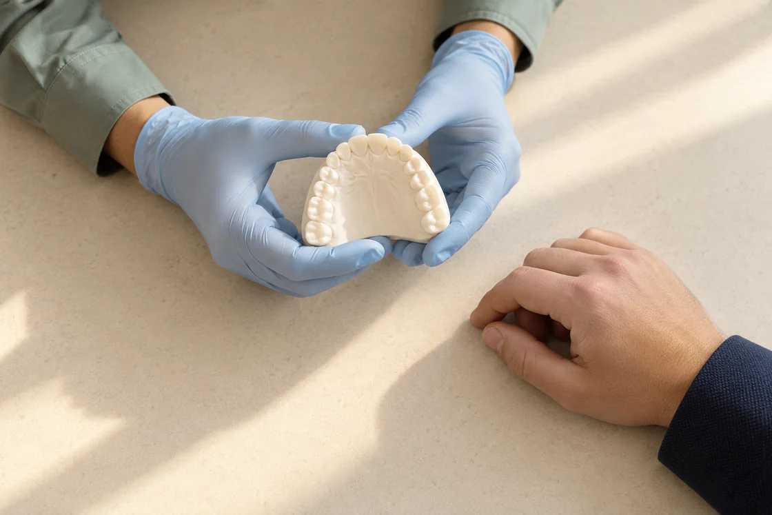 Gloved hands holding an upper-arch tooth model beside an adult's resting hand.