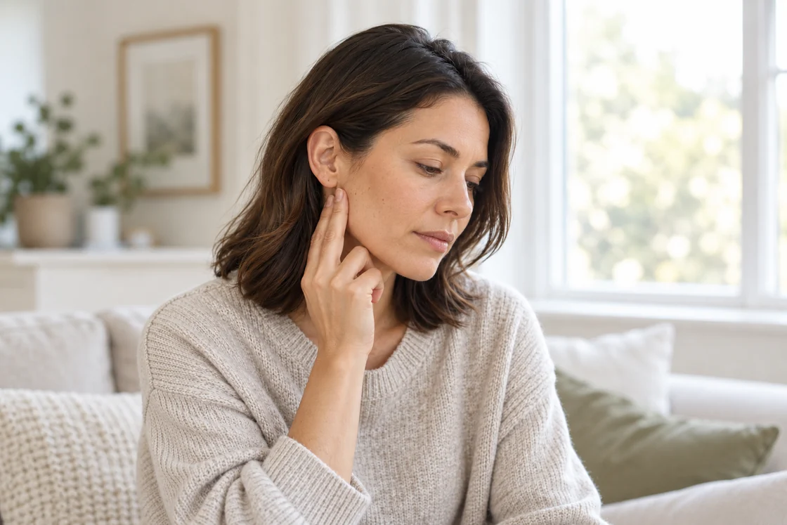 An adult woman gently touching the side of her jaw near her ear.