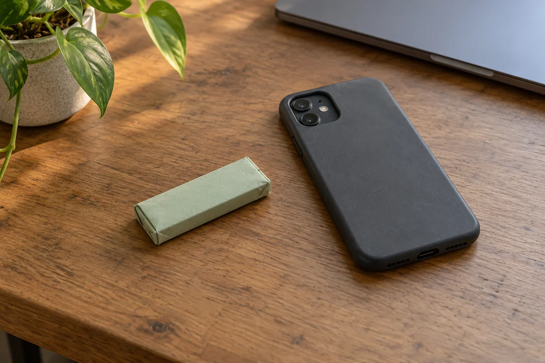 A closed paper packet beside a face-down phone on a wooden desk.