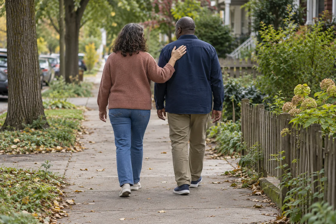 Two adults walking together along a tree-lined sidewalk, seen from behind.
