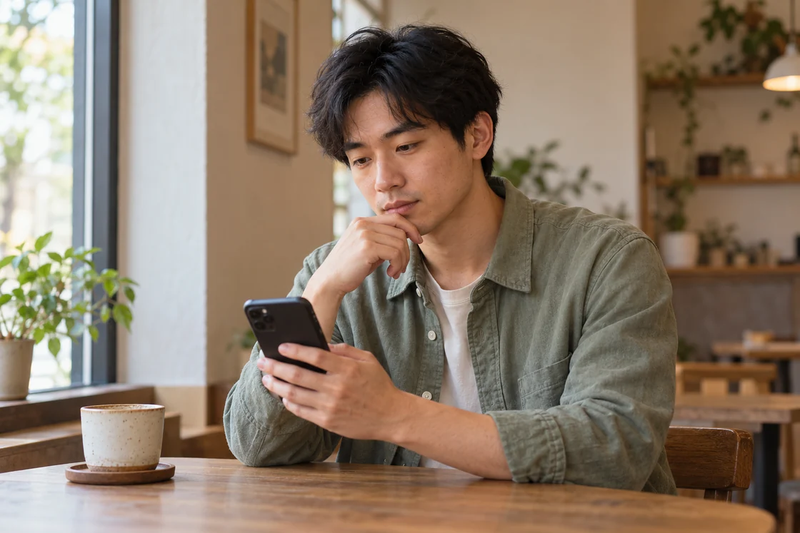 An adult thoughtfully reading a smartphone by a cafe window.