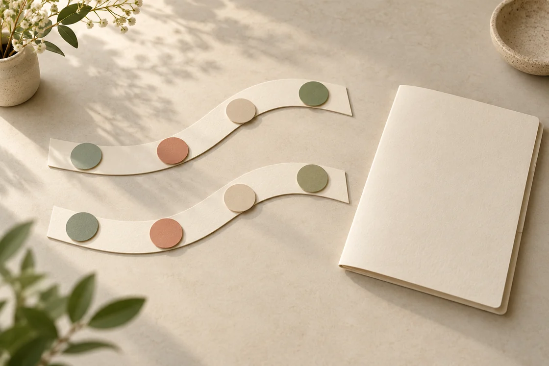 Two curved paper paths with colored circles beside a closed folder.