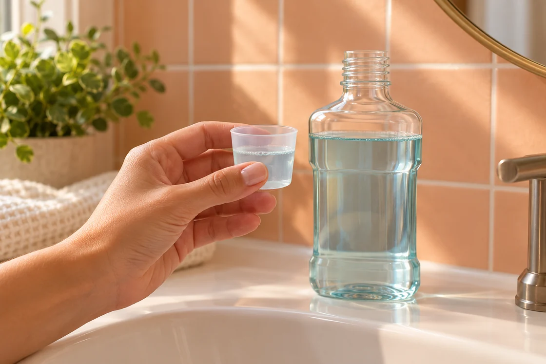 A hand holding a small rinse cap beside an unbranded bottle at a bathroom basin.