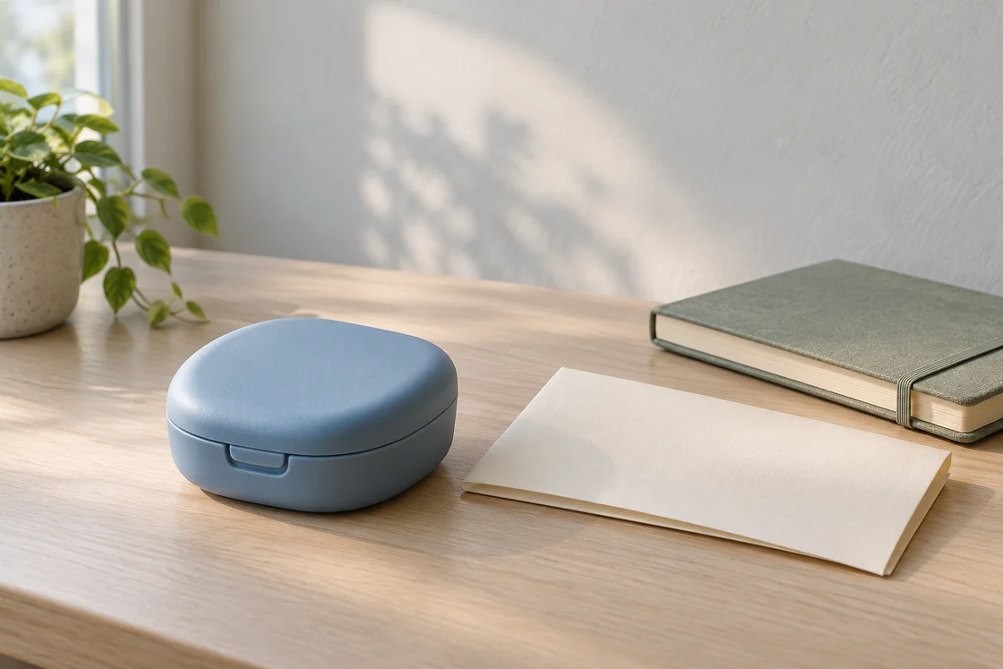 A closed blue appliance case beside folded paper and a notebook on a desk.