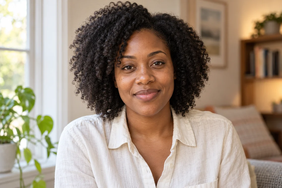 A relaxed front-facing portrait of an adult woman in natural light.