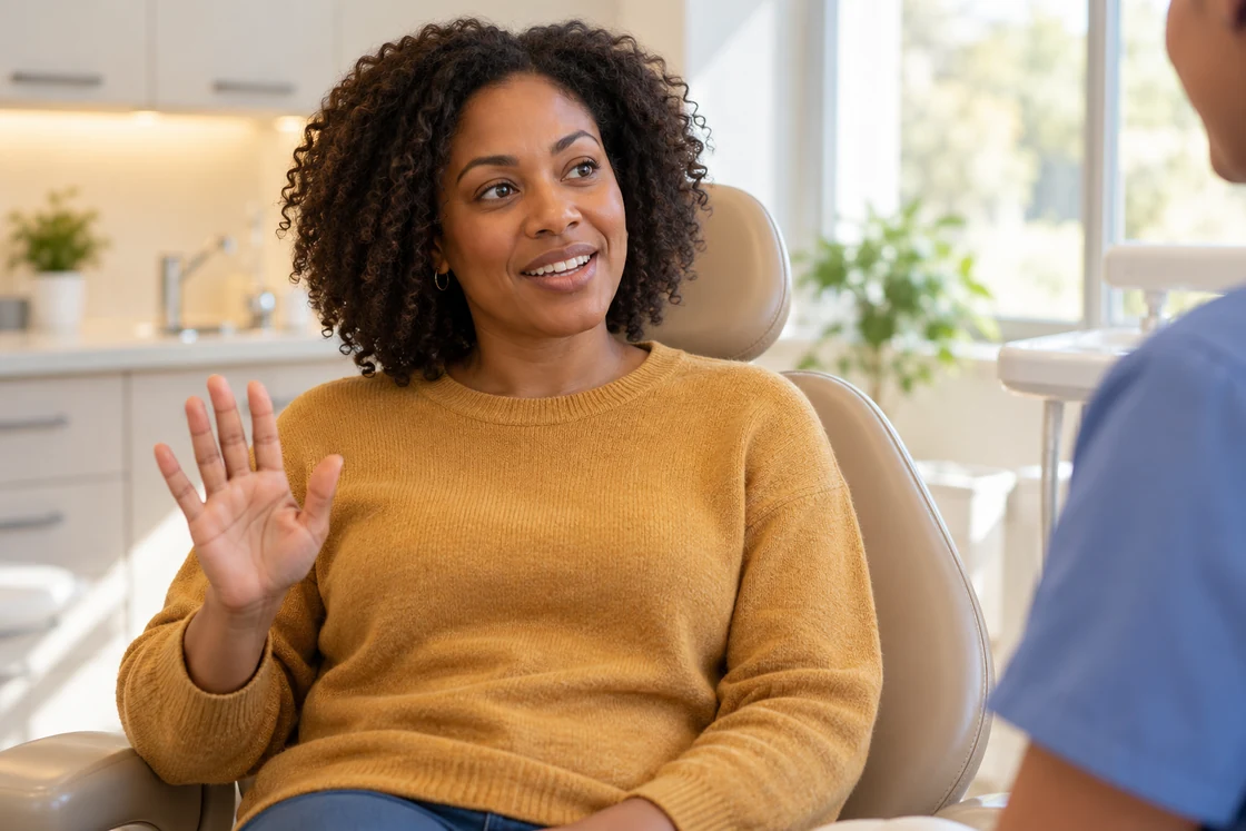 An adult seated in a dental chair with one hand raised during a conversation.
