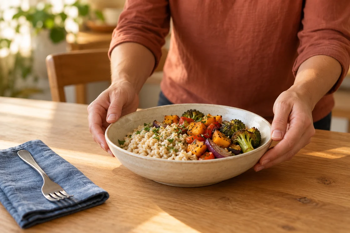 Hands setting a grain-and-vegetable bowl on a dining table.