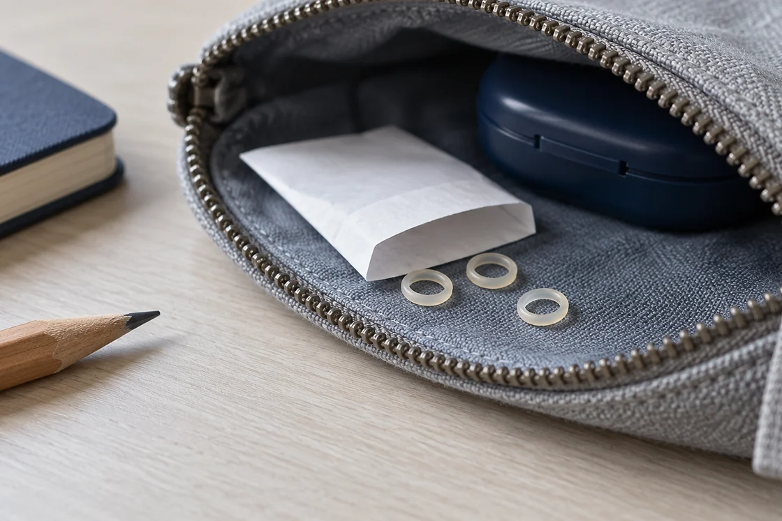 Three small elastic rings beside a plain packet inside an open canvas pouch.