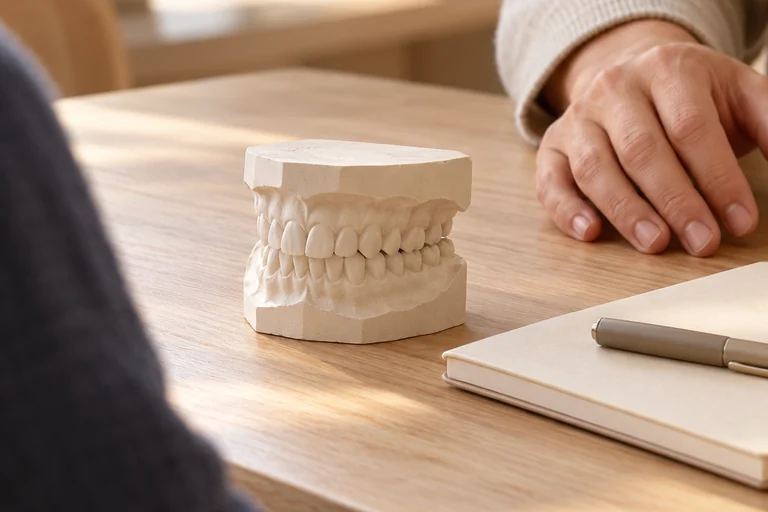 A dental study model beside a notebook during a planning conversation.