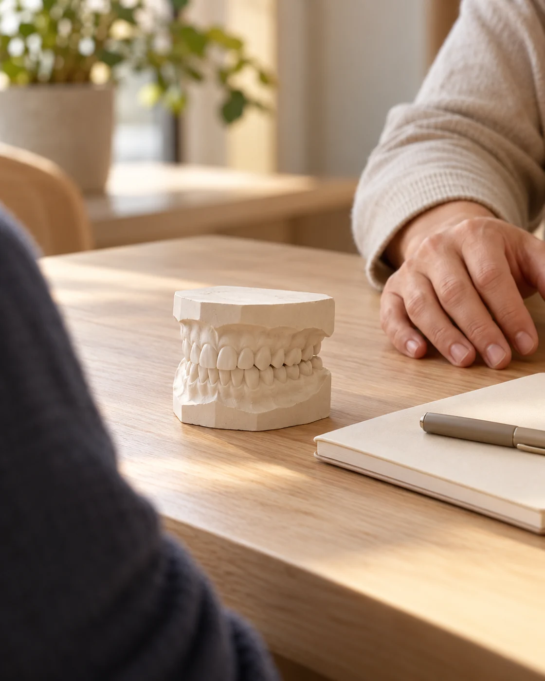 A dental study model beside a notebook during a planning conversation.
