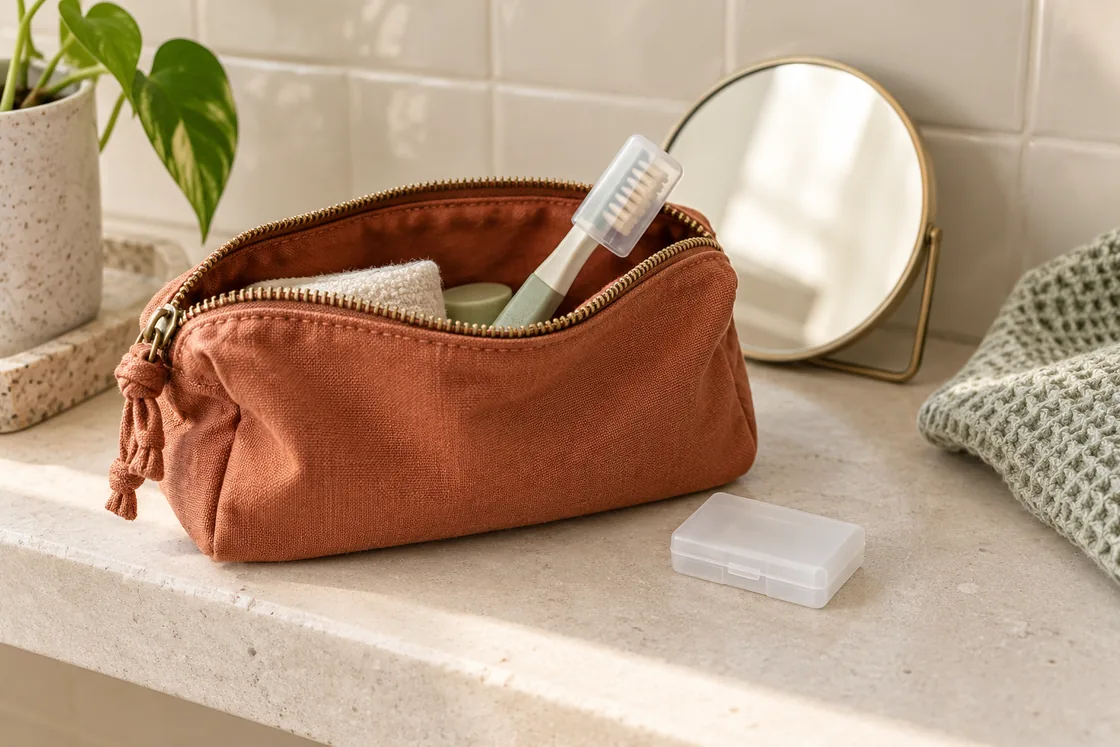 An open terracotta care pouch with a capped toothbrush, a small closed box and a round mirror on a bathroom shelf.