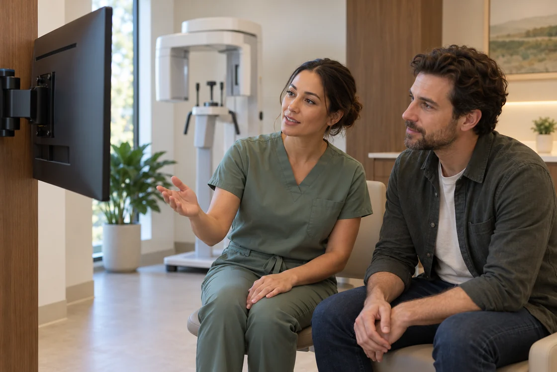 An adult and a clinician discussing dental imaging beside a monitor.