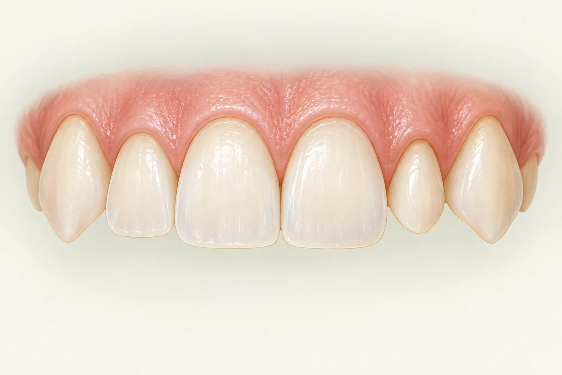 Illustration of upper front teeth with a small tapered lateral incisor between a central incisor and canine.