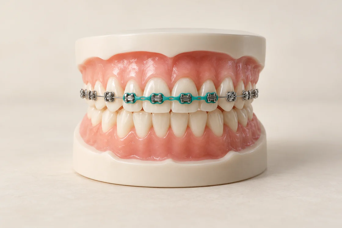 A dental teaching model with connected teal elastic loops across four upper braces brackets.