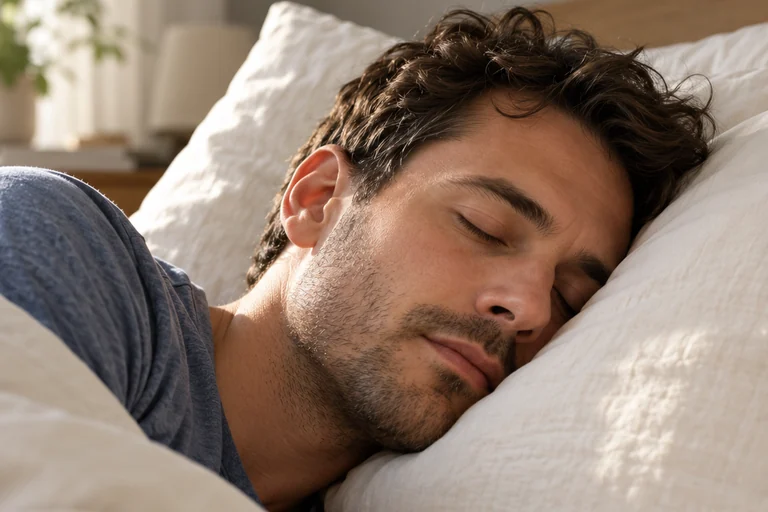 An adult sleeping on his side with his face unobstructed.