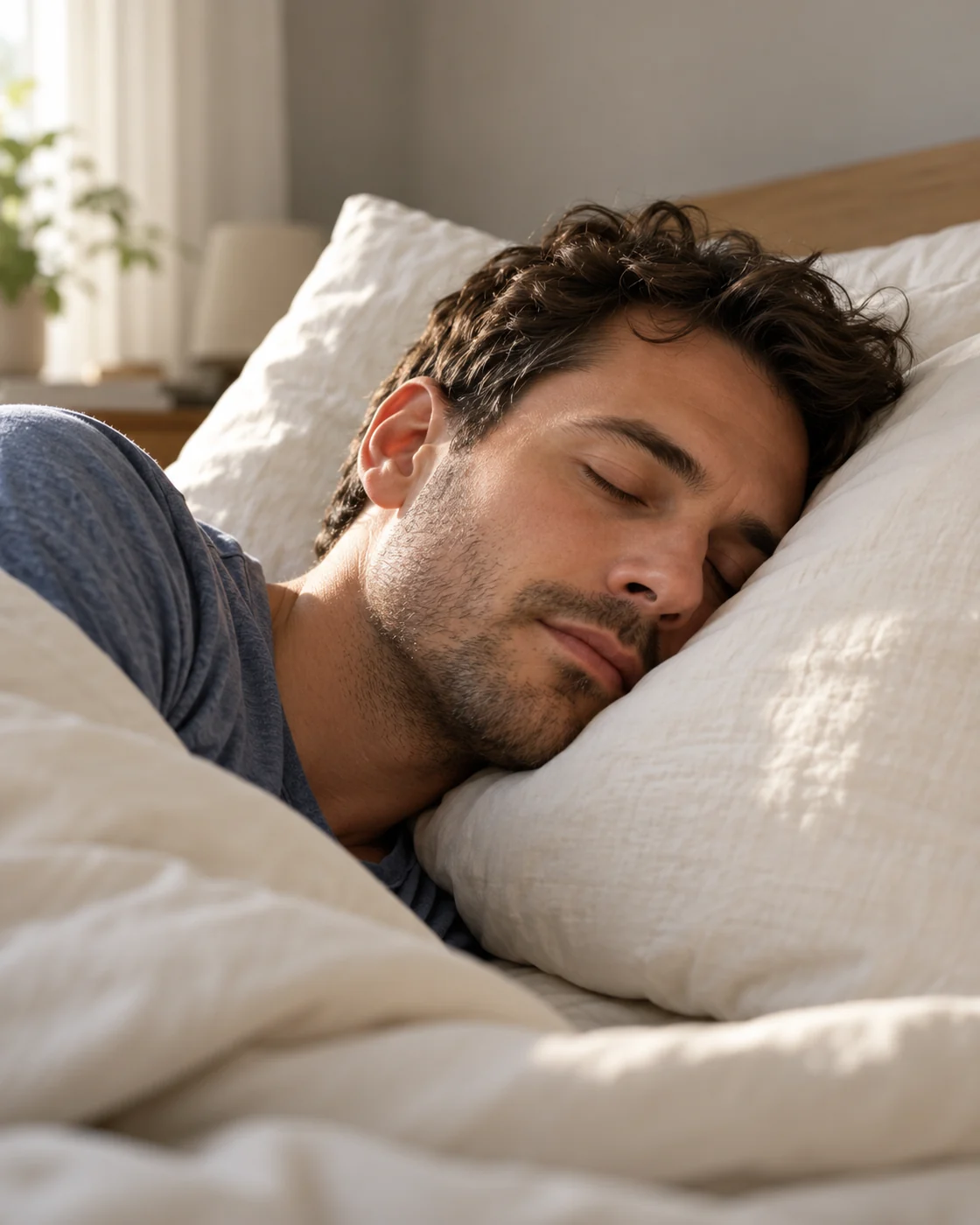 An adult sleeping on his side with his face unobstructed.