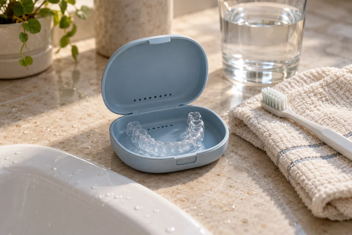 A clear retainer in an open case beside a soft toothbrush and a glass of water.