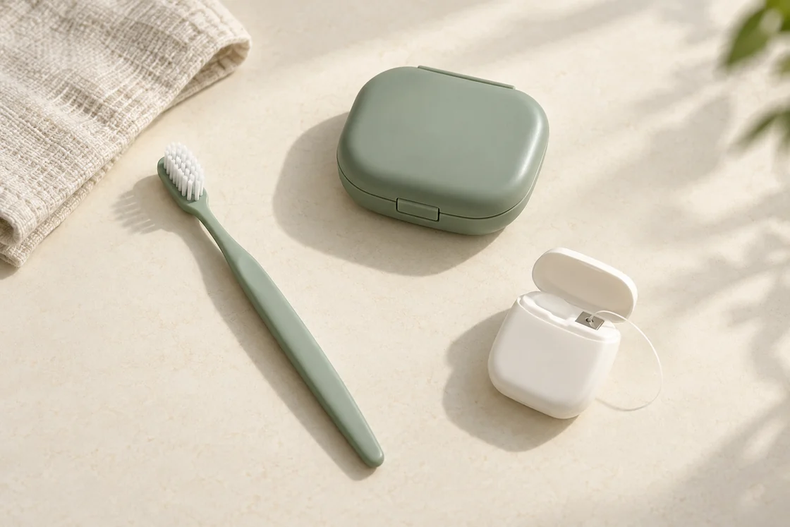 A toothbrush and dental floss beside a closed retainer case.