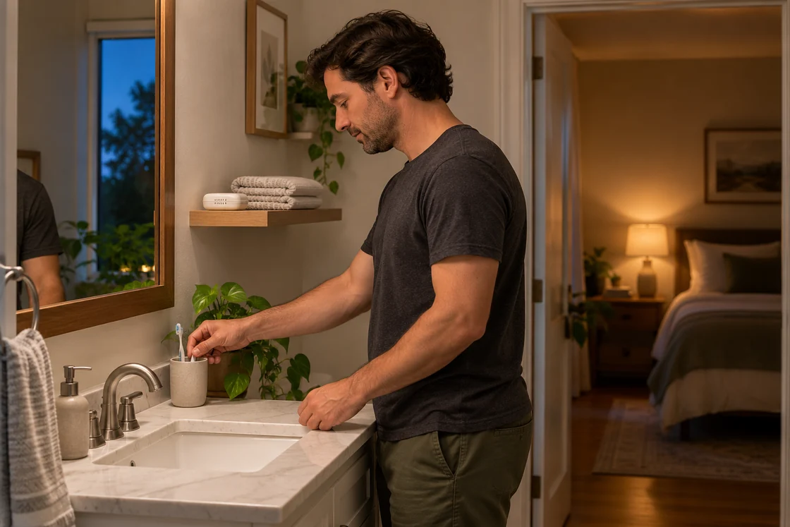 An adult finishing an evening routine at a bathroom sink.
