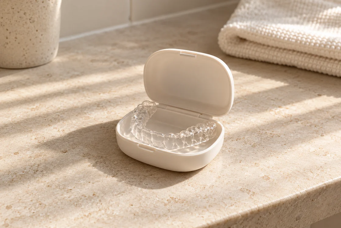 A clear retainer resting in an open protective case on a stone counter.