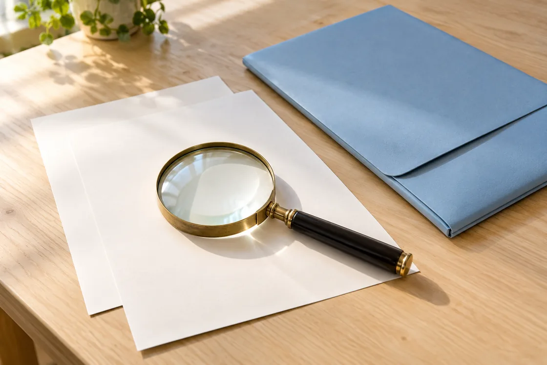A brass-rimmed magnifying glass on blank paper beside a closed blue document folio.
