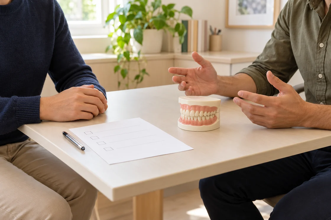 Two adults discussing a tooth model and blank checklist at a consultation table.