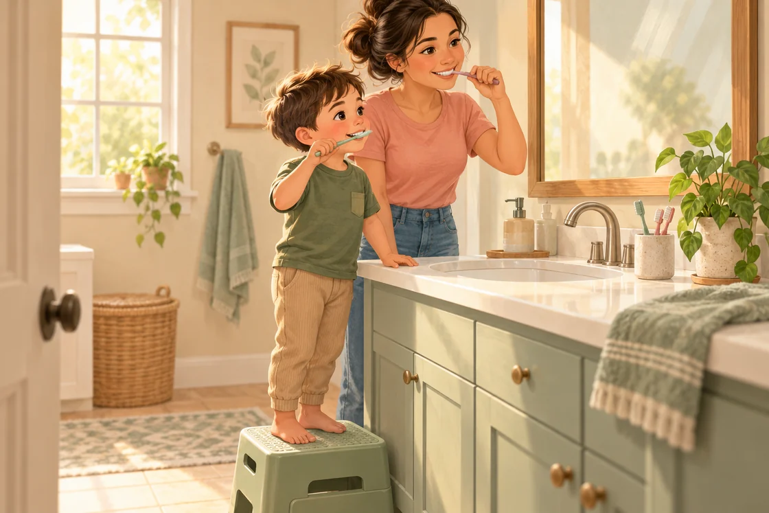 An illustration of a child and caregiver brushing their teeth at a bathroom sink.