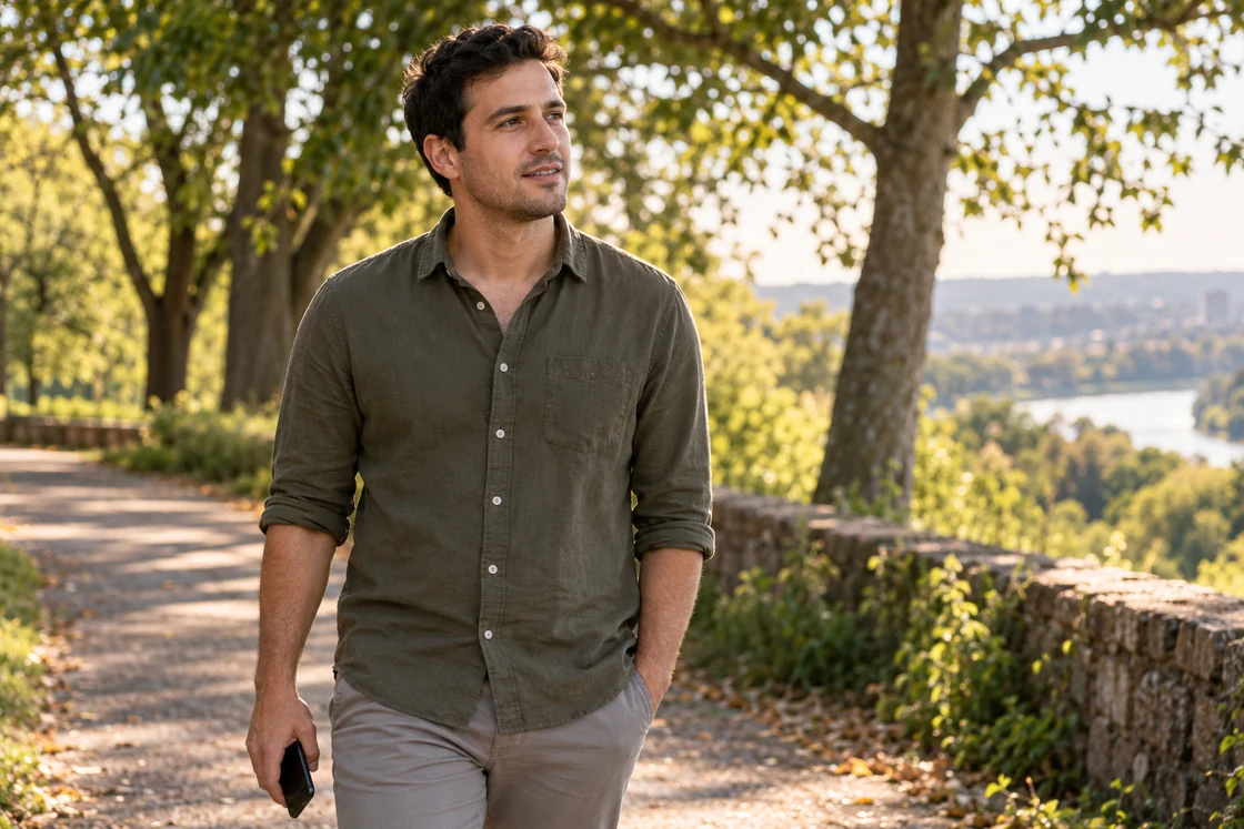 An adult pausing on a tree-lined walking path with a phone at his side.