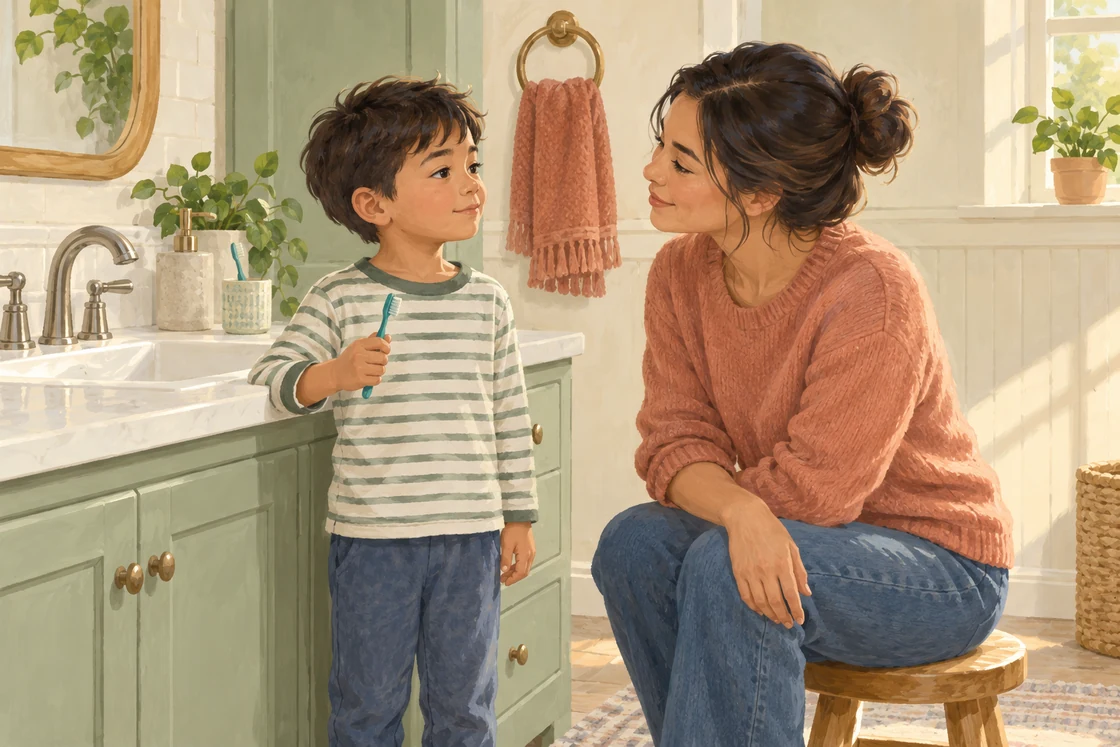 Illustration of a child holding a toothbrush beside a caregiver at a bathroom sink.
