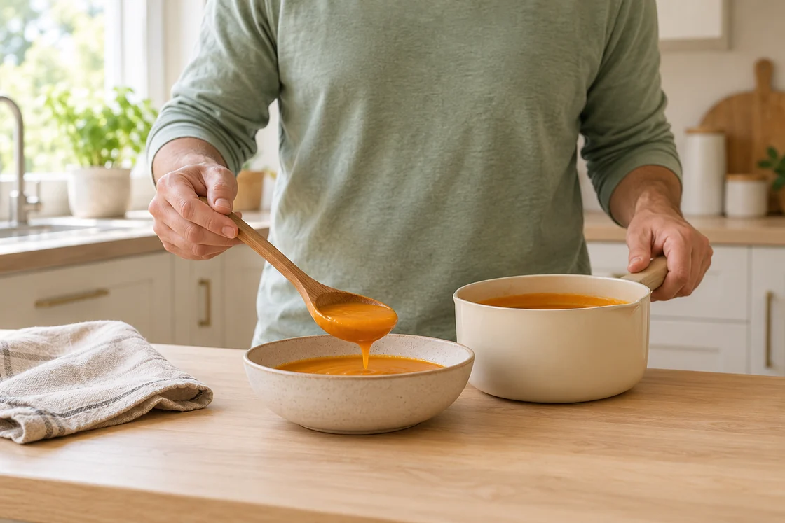 An adult serving smooth soup into a ceramic bowl in a home kitchen.