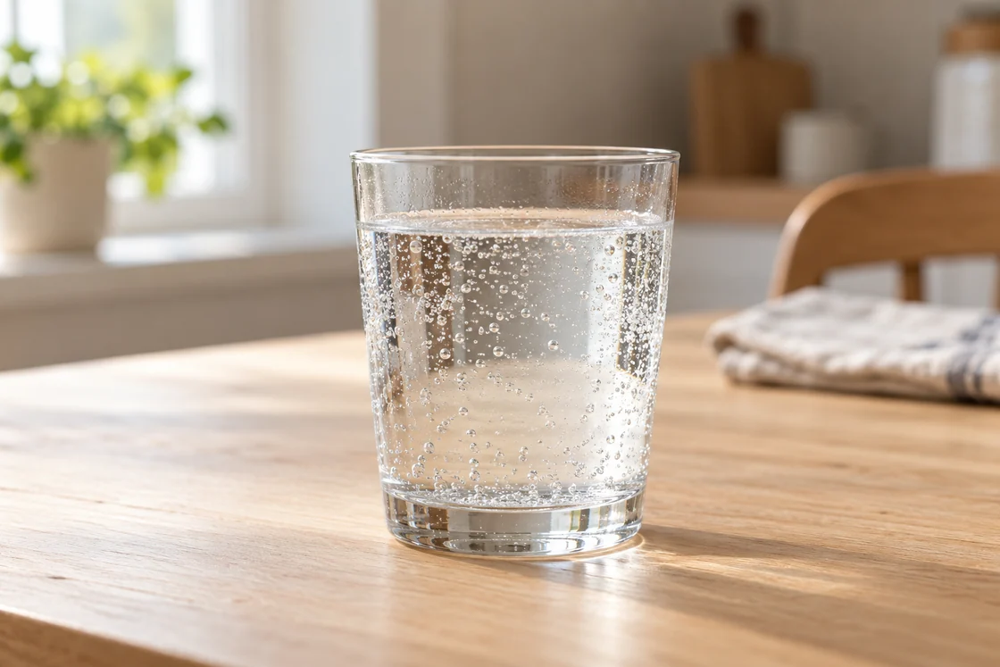 A clear glass of sparkling water on a sunlit wooden table.