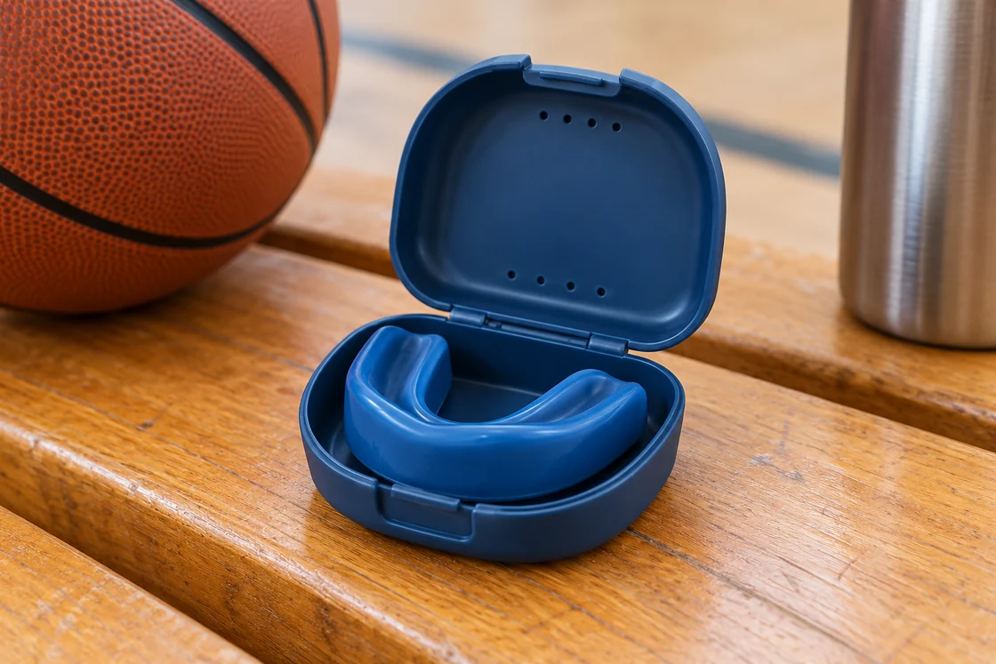 A blue sports mouthguard in an open case beside a basketball and water bottle.