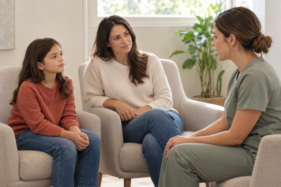A child and caregiver listening to a professional in a consultation room.