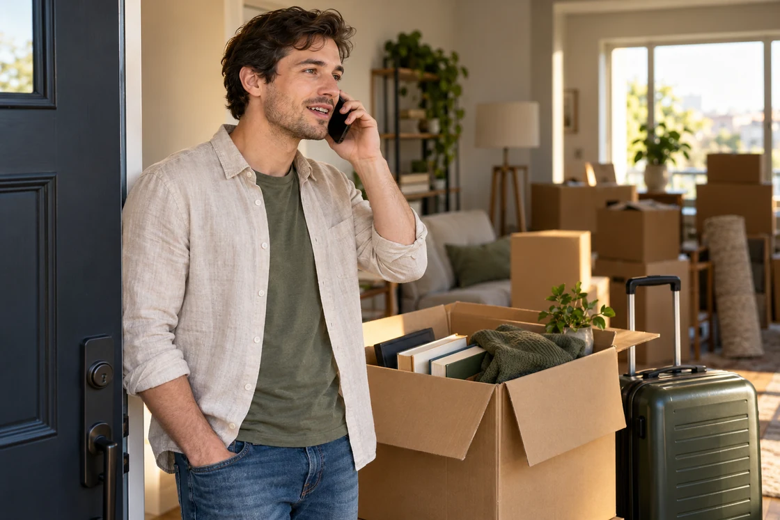 An adult with braces talking on a phone beside moving boxes and a suitcase.