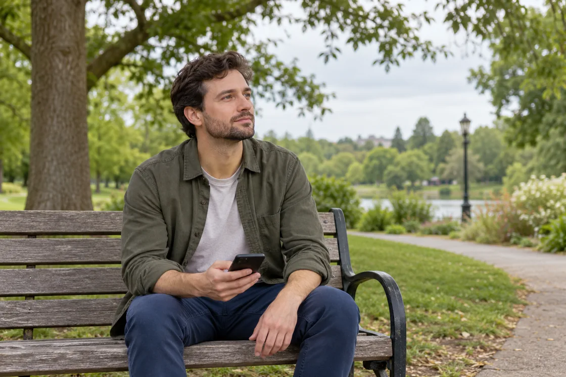 An adult sitting on a park bench with a phone lowered in one hand, looking toward the trees.