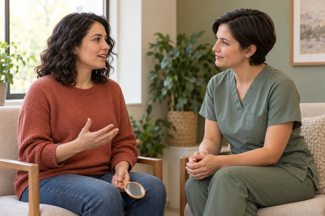 Two adults in conversation, with a small hand mirror resting in one adult’s hand.