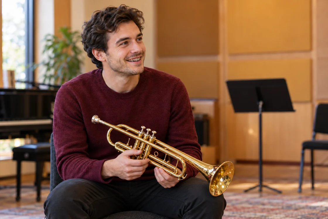 An adult trumpet player with braces taking a break in a rehearsal room.