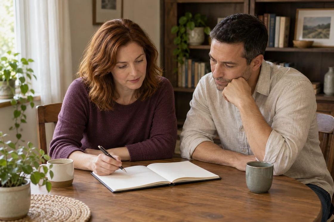 Two adults reviewing an open notebook together at a table.