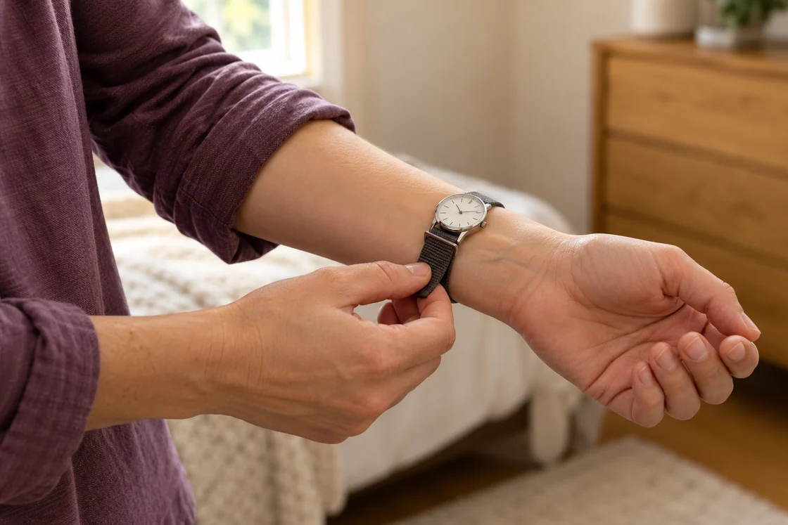 An adult fastening a fabric watch strap before leaving home.
