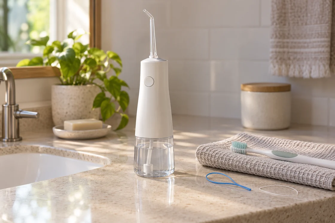 A cordless water flosser, toothbrush and floss threader on a bathroom counter.