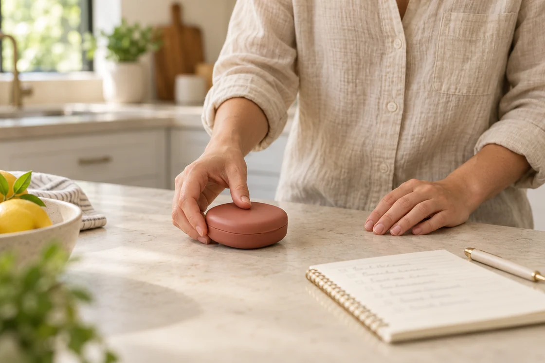 An adult placing a closed retainer case beside a notebook on a kitchen counter.