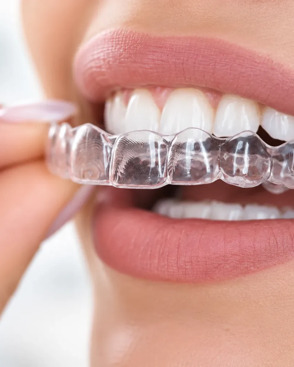 A transparent aligner held near the teeth