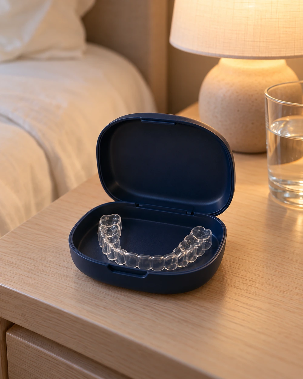A clear retainer in an open case on a bedside table.